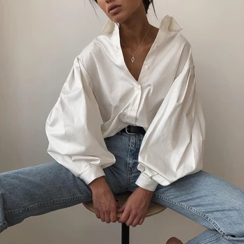 

British Style Breasted Shirt Women Lantern Long sleeve Lapel Loose Shirt Blouse 2020 Spring New Arrivals