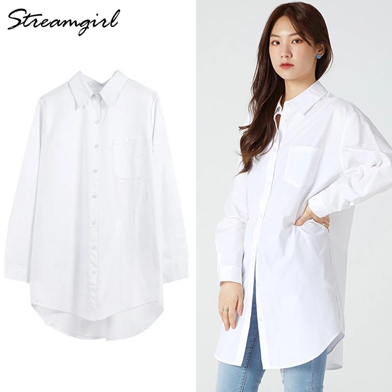 White Blouse Button-Shirt Tunics Cotton Long-Tops Plus-Size Feminine