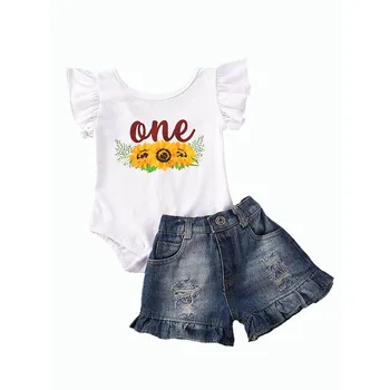 

Fashion Infant Baby Girls 6M-24M Clothes Sets Sunflowers Print Ruffles Sleeve Romper+Denim Shorts