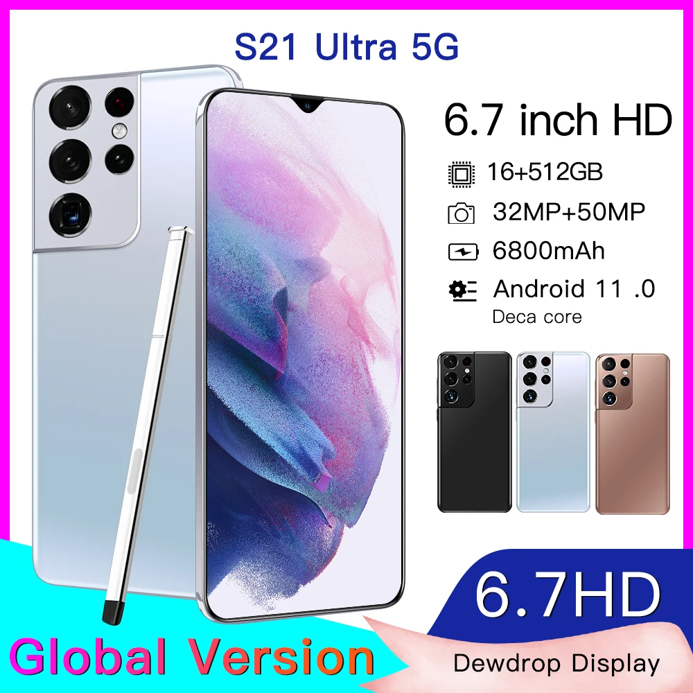 Galxy-teléfono inteligente S21 Ultra, 6,7 pulgadas, 6800mAh, pantalla grande de 50MP, 5G, 12GB, 512GB, 10 núcleos