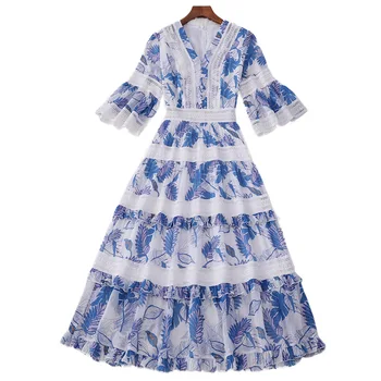 

Freeshipping New Print Dress 2020 Summer New Temperament V Neck Five Horn Sleeve Fashion Zipper Back Long Blue Cake Dress
