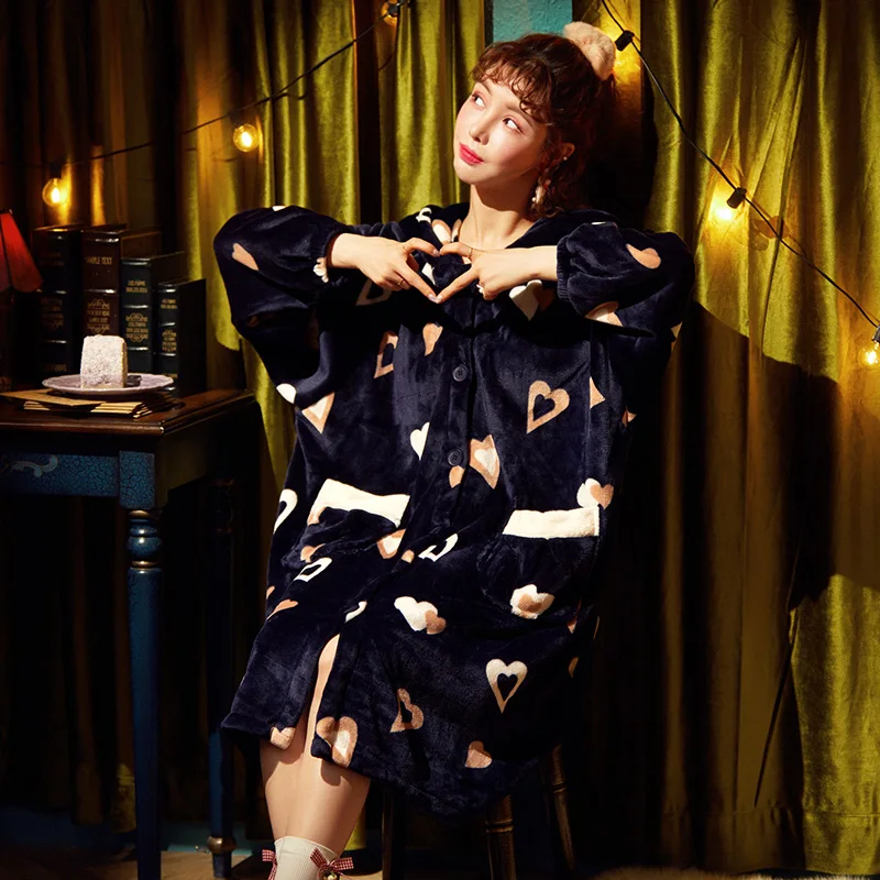 

Winter Pajamas Plus Size Women Sleepwear Hooded Robe Cardigan Pyjamas Coral Velvet Pajamas Peluche Night-Gown Fashion Home Wear