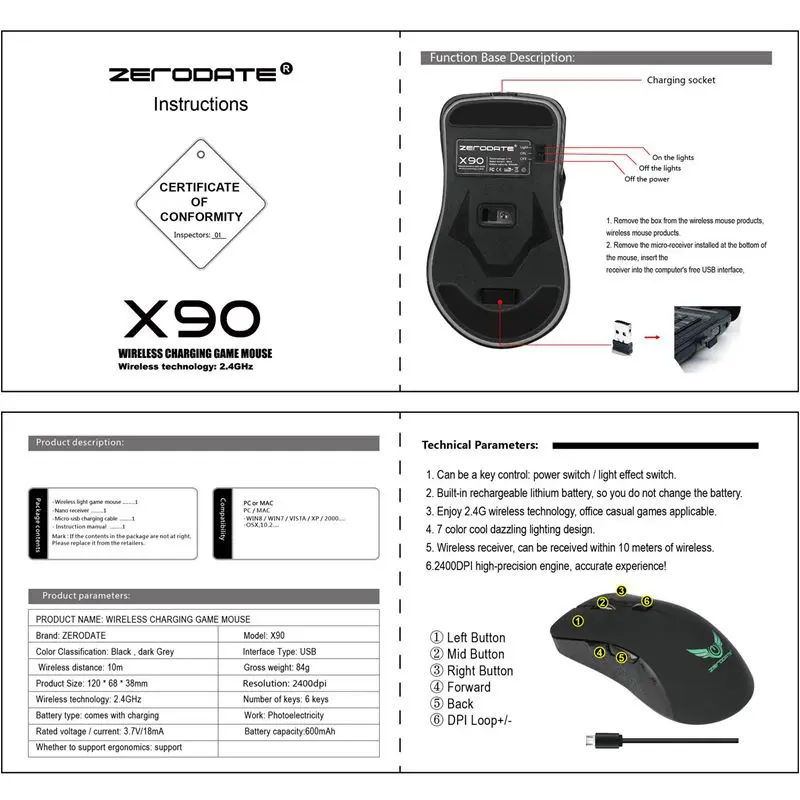 ZERODATE X90 USB 2,4 ГГц Беспроводная мышь красочная пульсирующая подсветка 2400 dpi оптическая компьютерная мышь геймер для ПК ноутбука