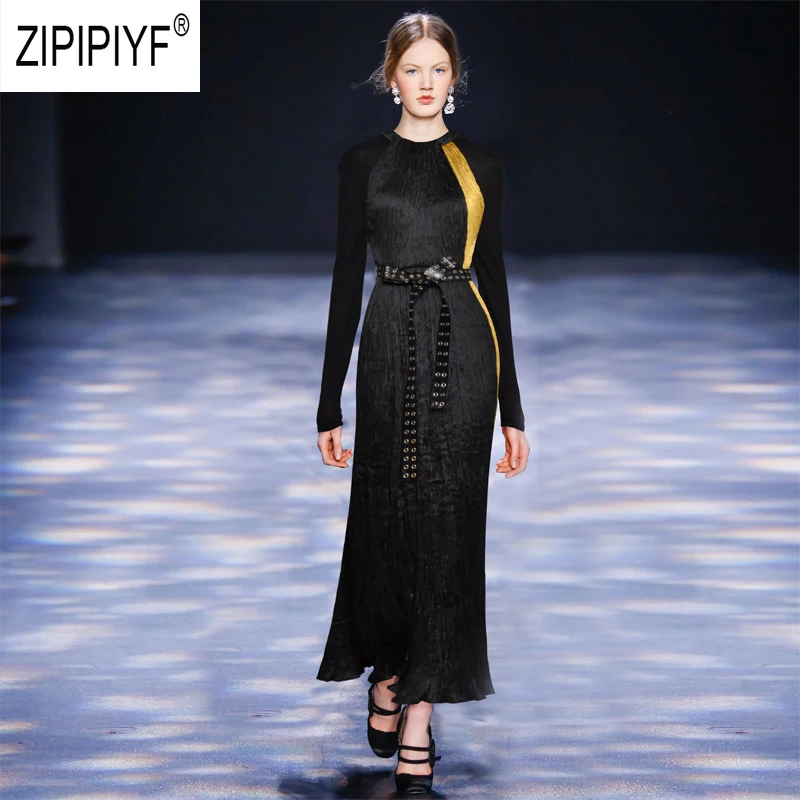 

Party Style Fashion Women Dresses Hollow Out Gauze Patchwork Long Sleeve High Waist Long Dress Sashes Black Elegant Dress Z2529