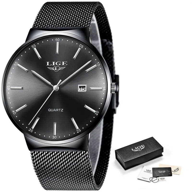 Black silver LIGE новые мужские s часы Топ люксовый брендовый мужской модный синий кварцевые наручные часы спортивные водонепроницаемые часы для мужчин Relogio Masculino - Цвет: Black silver