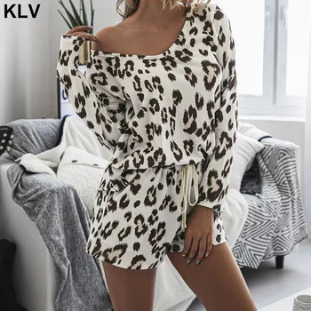 

Women Tie-Dye Leopard Print 2 Piece Pajamas Set Long Sleeve O-Neck Top Drawstring Shorts Casual Loose Lounge Streetwear