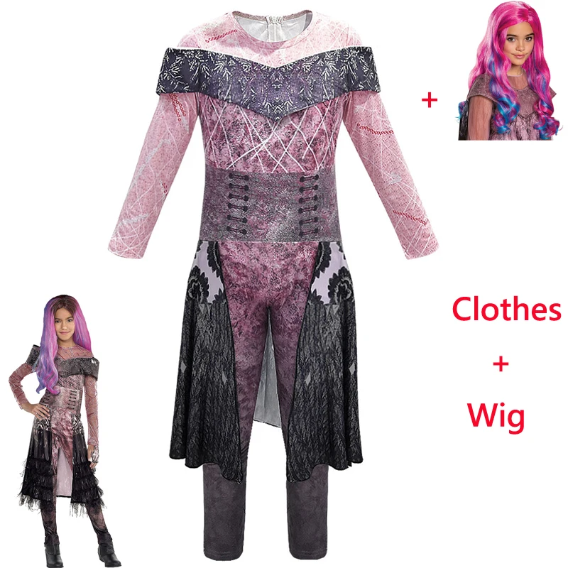 856-Wig descendants 3 Audrey cosplay Baby Girls queen of mean Bertha Maleficent Costume Halloween Carnival Party Clothing Jumpsuits - Цвет: 856-Wig