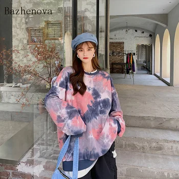 

Korean 2020 Autumn Tie Dye Clothes Loose Pullovers Print Long Sleeve O-Neck Sweatshirt Casual Streetwear T1522