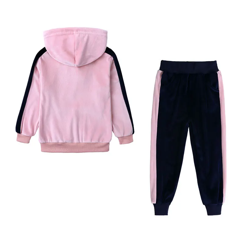 Gold Velvet Hooded Children Girls Sportswear Spring Autumn Kids Girl Clothes Sets Fashion Long Sleeve Tops+Pants 2 Piece