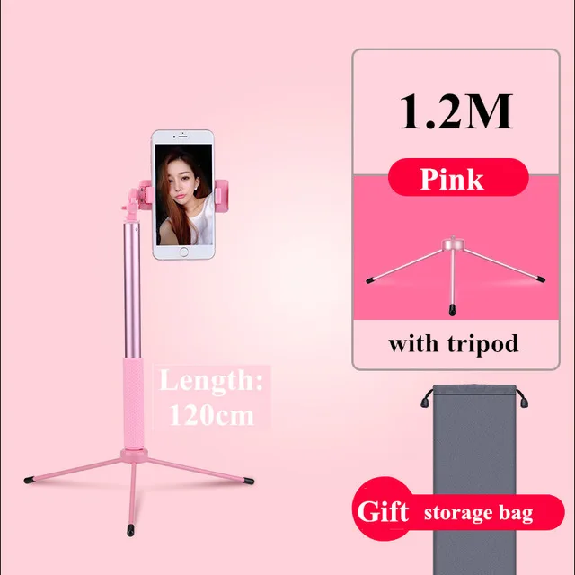 1.2m Pink No Light 1,7 м Выдвижной Штатив для селфи-палка светодиодный кольцевой светильник Подставка 4 в 1 с моноподом для телефона iPhone X 8 Android смартфон - Цвет: 1.2m Pink No Light