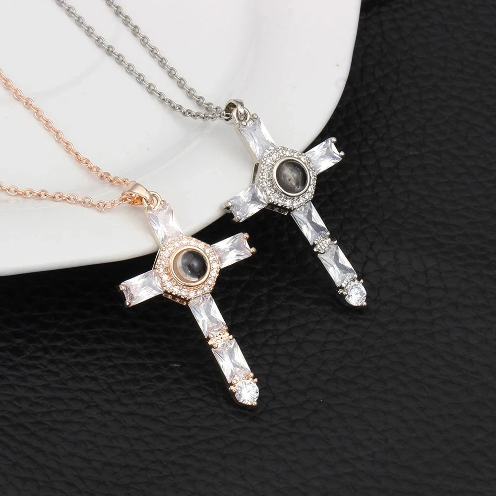 

100 Languages I Love You Projection Necklaces Cross Pendant Copper Material Necklace Chain for Women Girls Choker Jewelry Gift