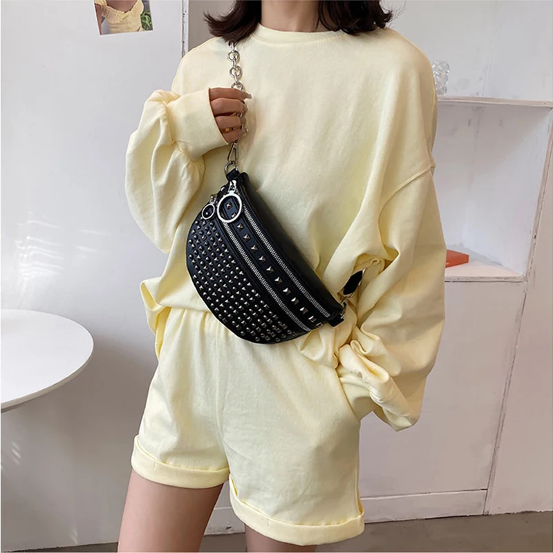 

Fashion Women's Fanny Pack PU Leather Rivet Waist Bag Pack Shoulder Crossbody Chest Bags Luxury Handbags Female Hip Bum Belt Bag