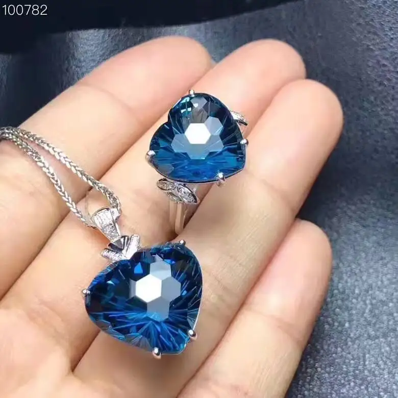 Set Голубой топаз S925 кольцо кулон набор является модным, простым и элегантным, подходит для свадеб и вечеринок - Цвет камня: Set