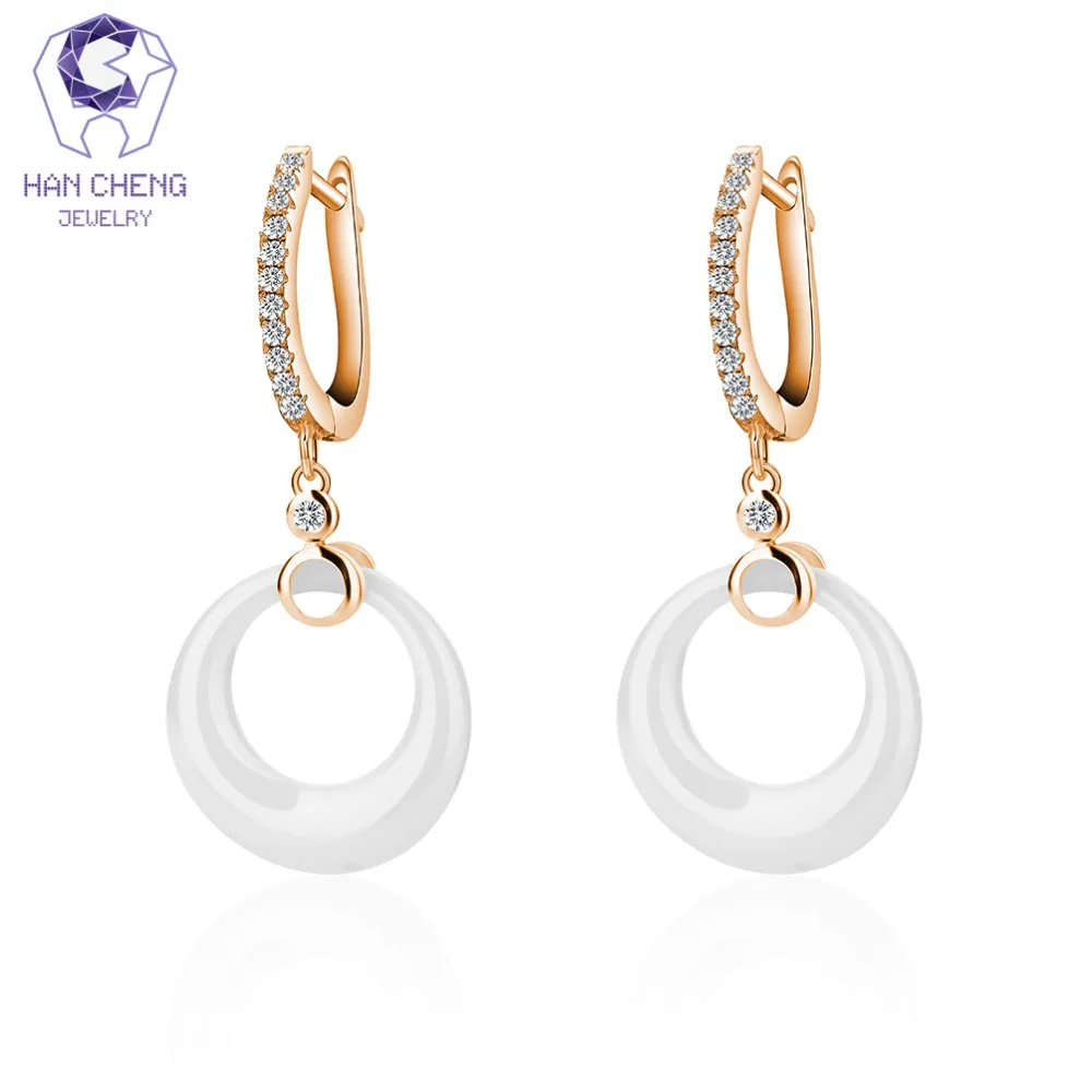 

HanCheng New Fashion Silver Dangle Hanging Long Round Ceramic Zircon Gem Stone Drop Earrings For Women Jewelry brincos bijoux