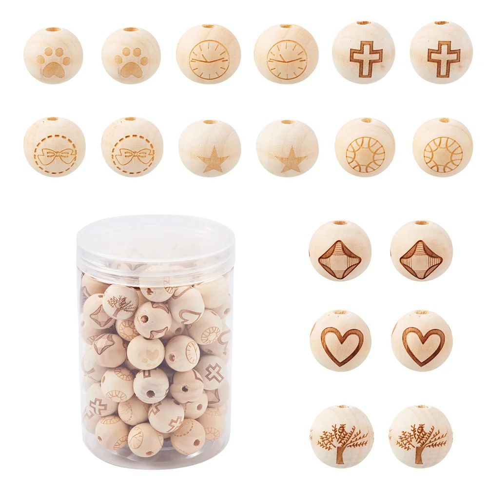 

14-20mm Natural Wooden Spacer Beads Laser Engraved Pattern Unfinished Large Hole Round Beads For Jewelry Making DIY Painting