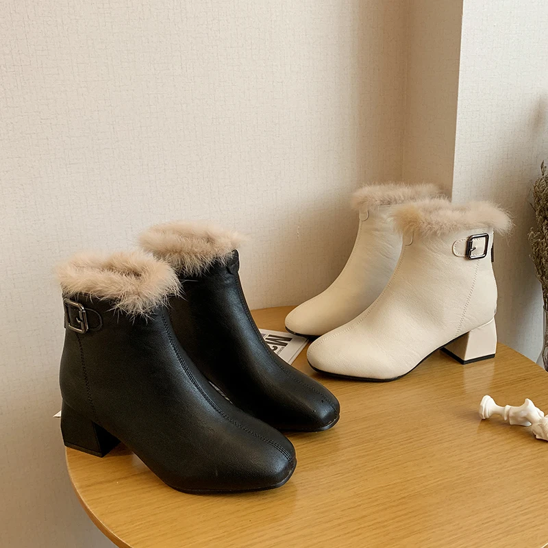 Plush Ankle Boots Women 5 Cm Thick High Heel Short Boots Ladies Winter Shoes Woman Warm Fashion Buckle Black Beige