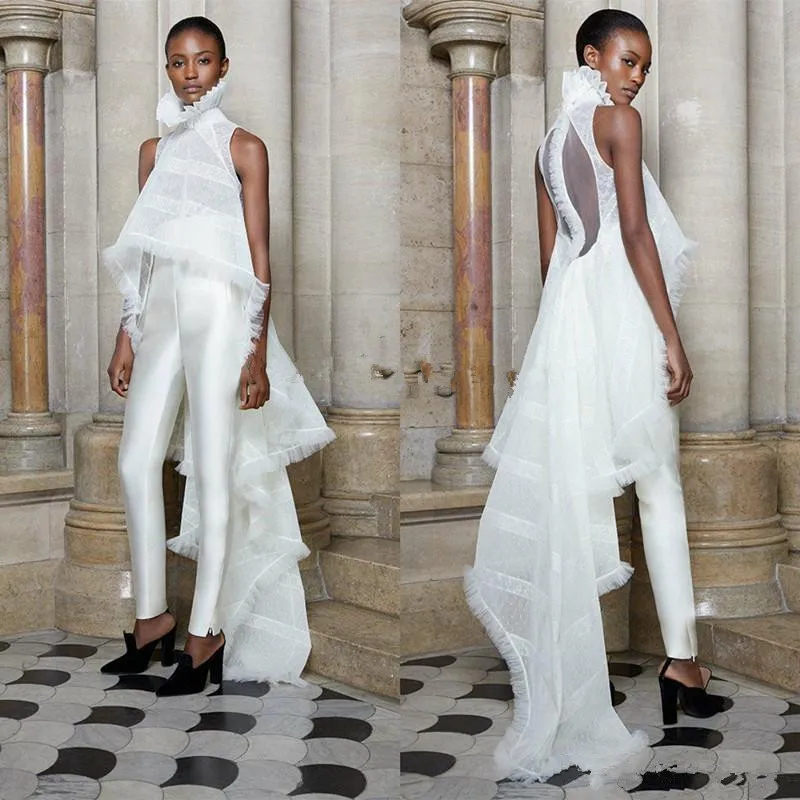 

Ashi Studio 2020 Prom Dresses Jumpsuit With Outfit White High Neck Two Pieces Evening Dress Custom Made Pant Suit