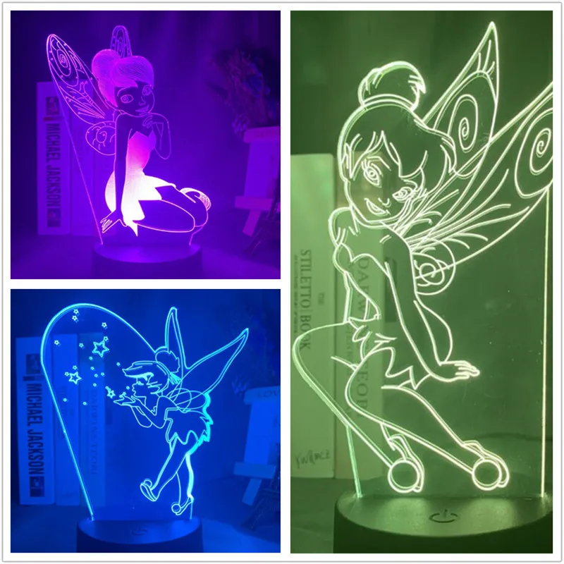 Disney Tinker Bell 3D Night Light Princess Bell LED Bedroom Decor Lamp Fairy Girl Children Decoration Lampara For Sleeping Lampe