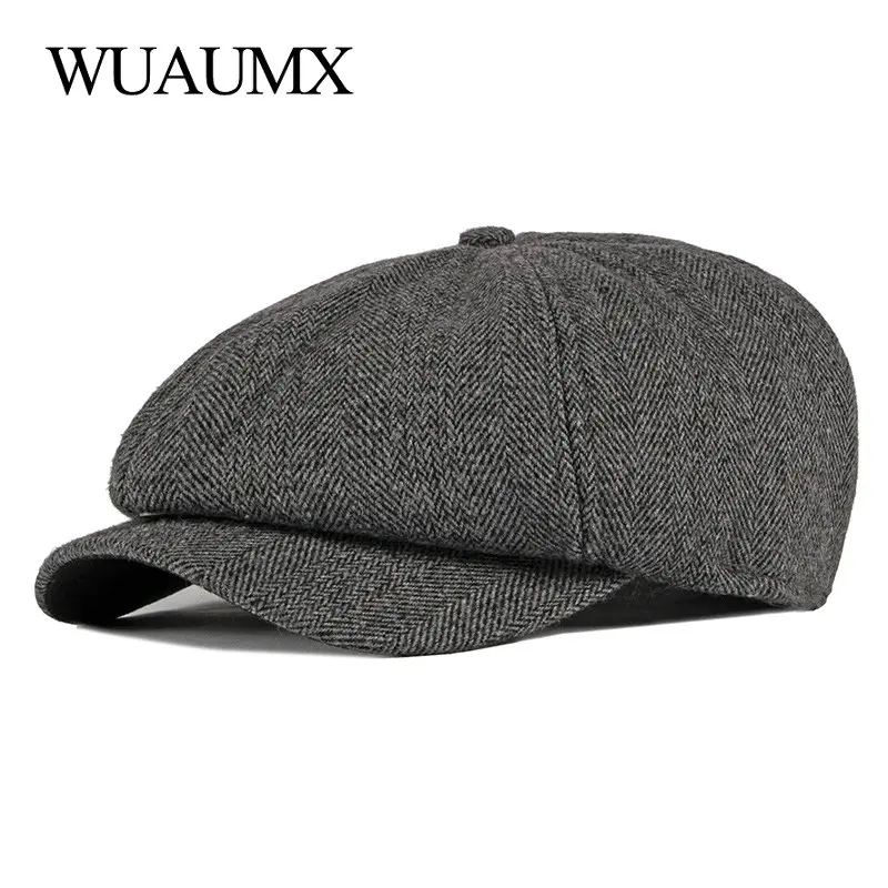 

Wuaumx Retro Autumn Winter Octagonal Hats Tweed Newsboy Caps Men Black Painters Hats Berets Herringbone Flat Caps Wholesale