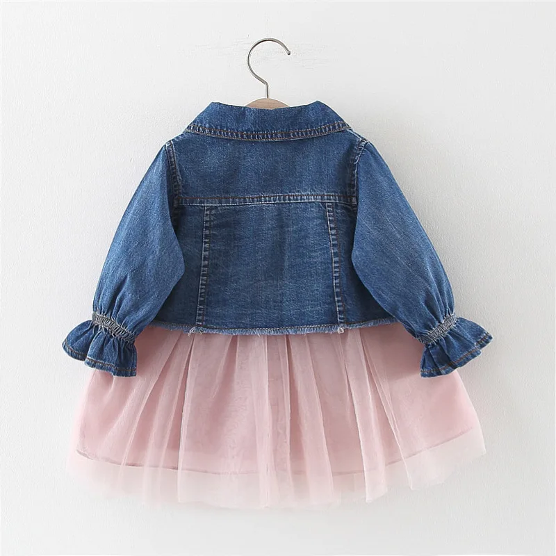 Autumn Baby Girls Long Sleeve Patchwork Mesh Tutu Dress+ Strawberry Denim Jeans Jacket Coat Children Kids 2Pcs Dresses vestidos