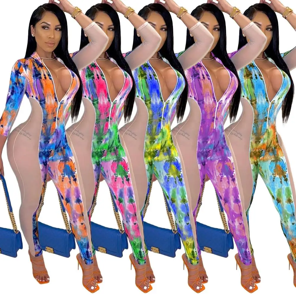 

Tie Dye Print Patchwork Summer Women Jumpsuit European and American Sexy Style Model Casual Fashion