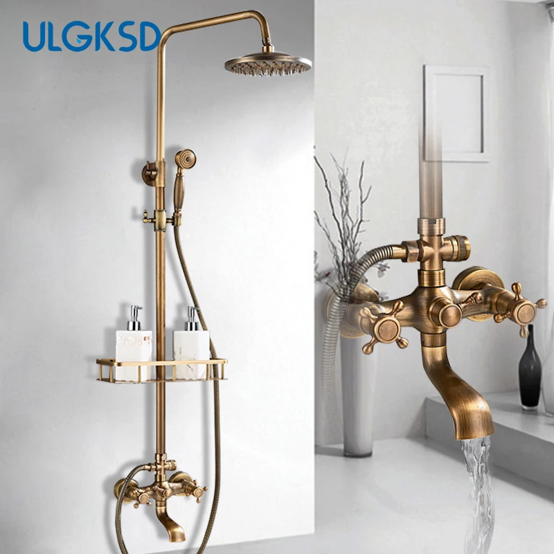 8" Rain Wall Mounted Antique Brass Shower Head Hand Shower Faucet Set Mixer Tap 