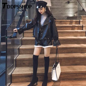 

2019 Black PU Leather Women Coat Autumn Lapel Flare Sleeve Female Jacket