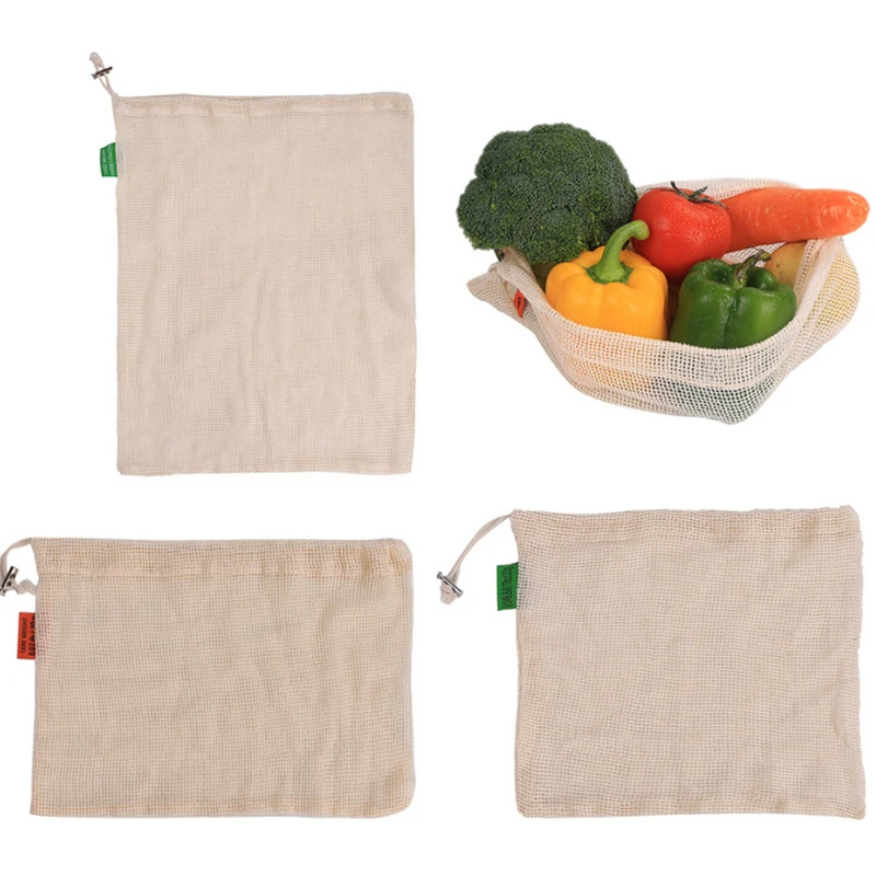

S/M/L Reusable Cotton Vegetable Bags Home Kitchen Fruit And Vegetable Storage Mesh Bags With Drawstring Machine Washable