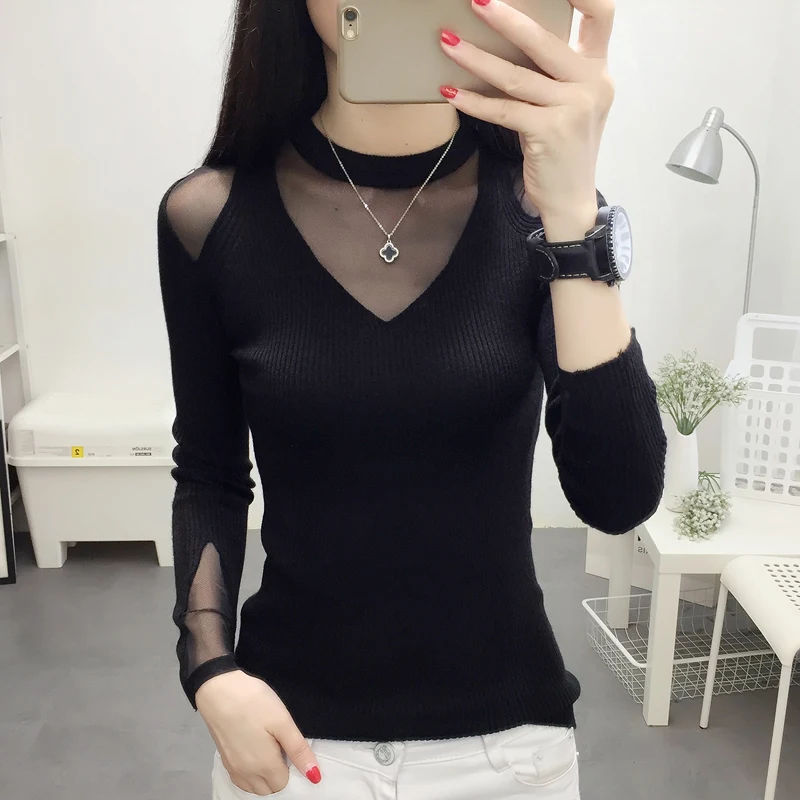 Autumn and winter new 2019 half high neck thin lace slim bottoming long sleeve knitwear Pullover versatile sweater | Женская одежда