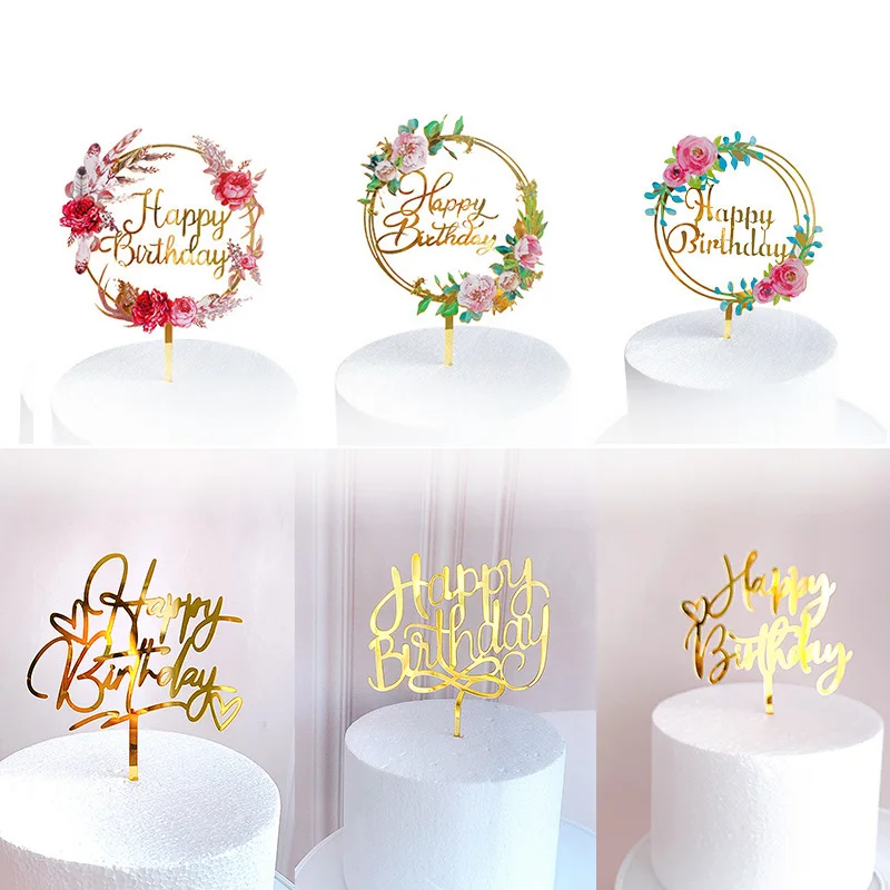 Promotional Flowers Happy Birthday Cake Topper Gold Acrylic Toppers For Party Decorations Dessert Supplies | Дом и сад