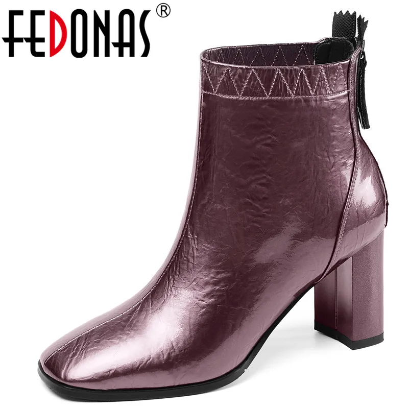 

FEDONAS Winter New Fashion Cow Patent Leather High Heels Dancing Shoes Woman Quality Women Amkle Boots Warm Female Chelsea Boots