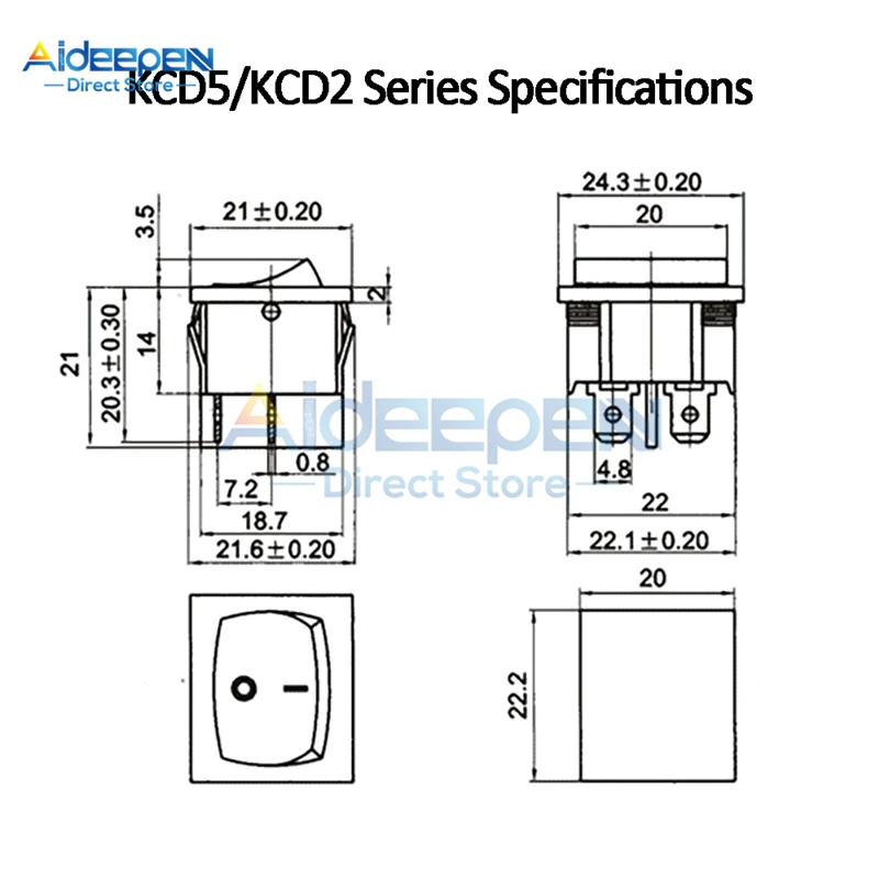 KCD5 Rocker Switch 21x24mm AC 15A/250V 6A/250V 2 Files 4 Copper Feet/3 Files 6 Copper Feet Toggle Switch With LED Light