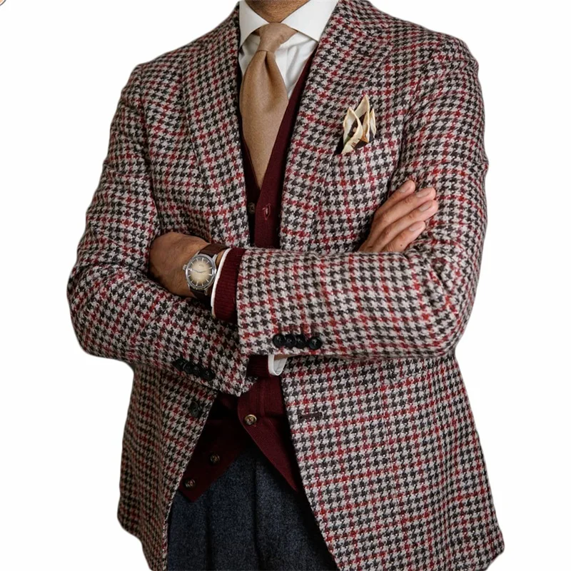 One Piece Houndstooth Men Suits Wool Fashion Made Lapel Business Jacket