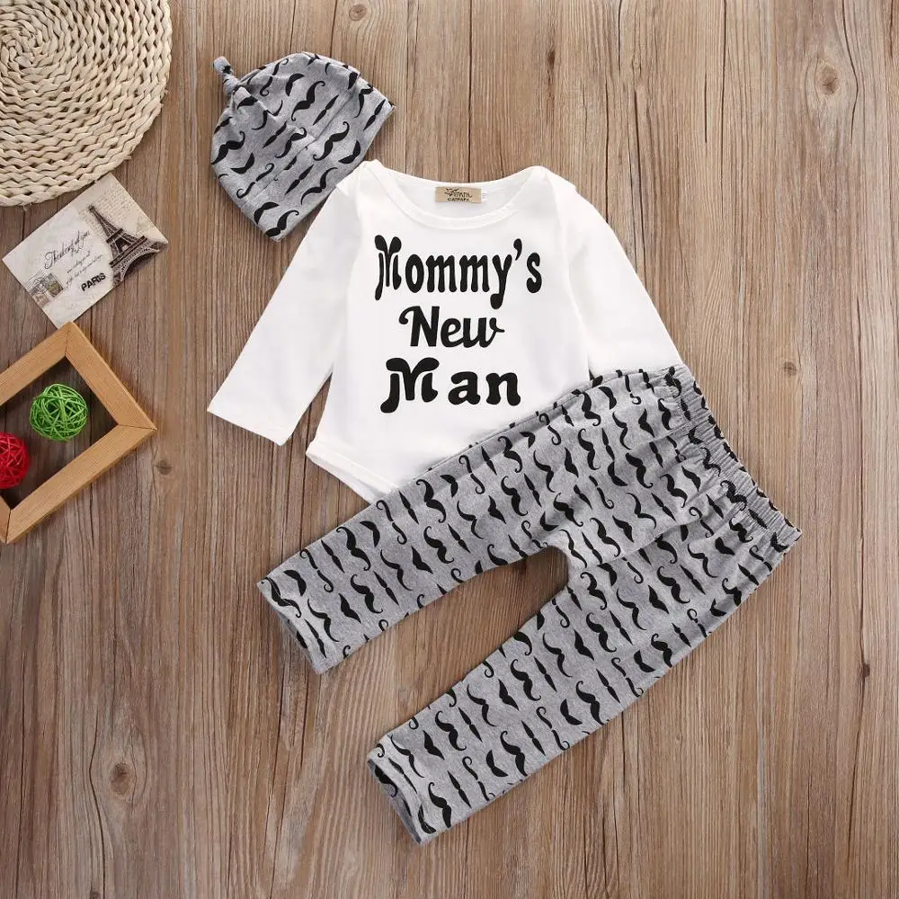 Cute Infant Baby Boy Clothes Sets 2020 Summer Lovely Mommy's New Man Mustache Print Bodysuit Tops+Long Pants+Hat Outfits A0029