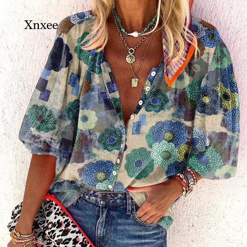 

Women Turn Down Collar Print Blouses Boho Cardigan Button Casual Tops Red Long Sleeves Single Breasted Bohemian Blouse Clothing