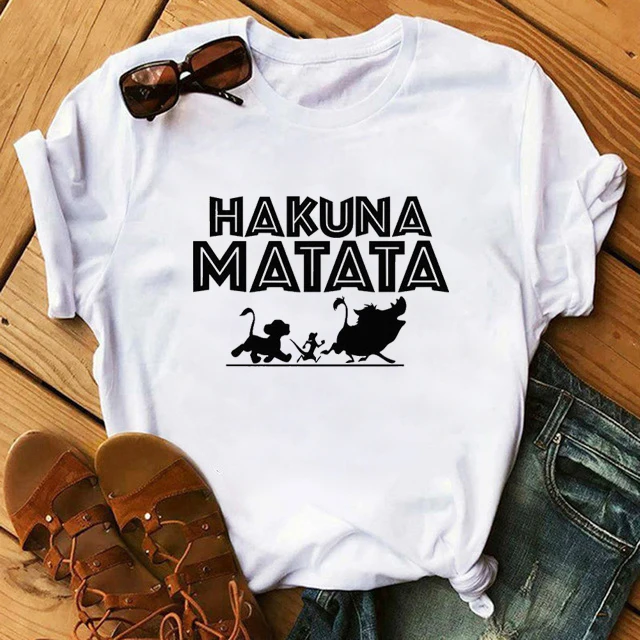 

WVIOCE Hakuna Matata Funny Print Women Female Tshirt Summer Harajuku Kawaii Short Sleeve White T Shirts Cartoon Casual Woman Top