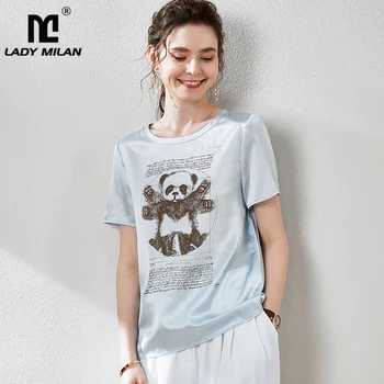 

100% Silk Satin Women's T Shirt O Neck Short Sleeves Animals Cartoons Printed Fashion Casual Blouse Shirt Tops