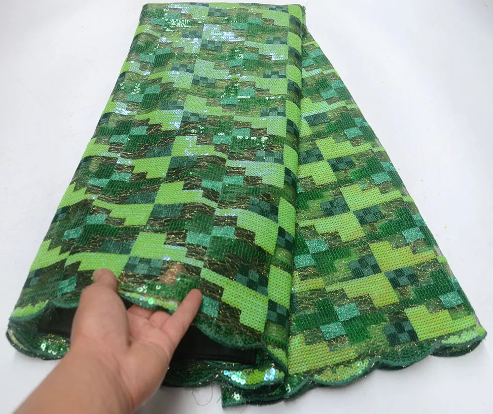 

2019 Latest Green African tulle Lace fabric high quality african organza lace fabric mesh laces with sequins for women Dress