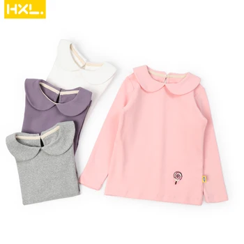 

2020 Autumn Winter Girls T-shirts Peter Pan Collar Long Sleeve Back Botton Thick Cotton Solid Kids Bottoming Shirt Tops