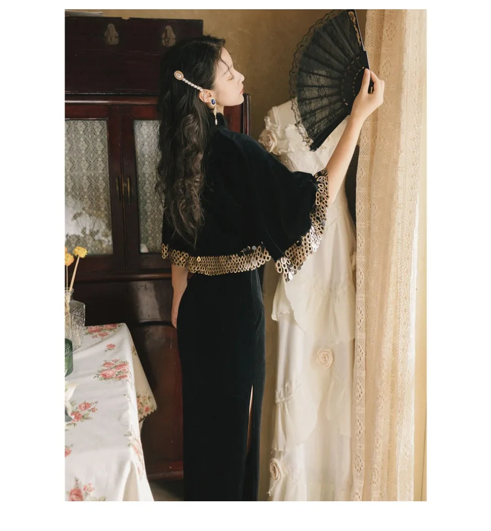 Осенний cheongsam костюм из двух частей китайское банкетное Платье женское длинное элегантное платье+ накидка пальто осенние и зимние винтажные комплекты