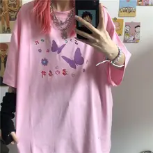 原宿かわいい半袖tシャツ女性の夏のトップス2020蝶プリントtシャツ女子高生ヤングスタイル特大服(China)