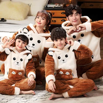 

Winter Women Pajama Set Parent-child Flannel Pyjamas Long Sleeve Hoodie Sleepwear Cartoon Animal Homewear Women Men Home Clothes