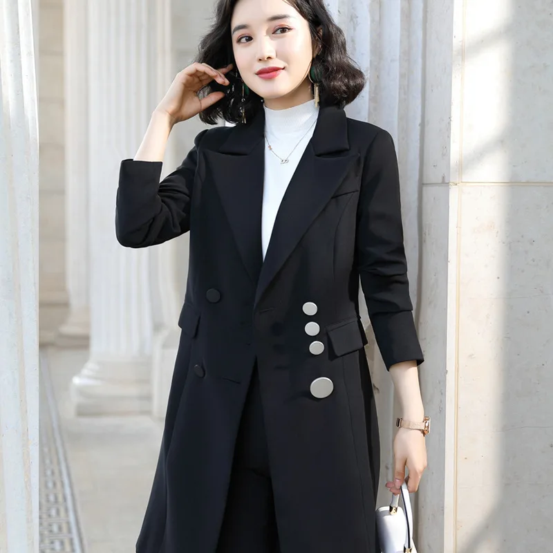 black coat and pant IZICFLY стиль осень зима зеленый женский костюм Тонкий деловой пиджак комплект офисные элегантные длинные блейзеры с брюками костюмы размера плюс - Цвет: black coat and pant