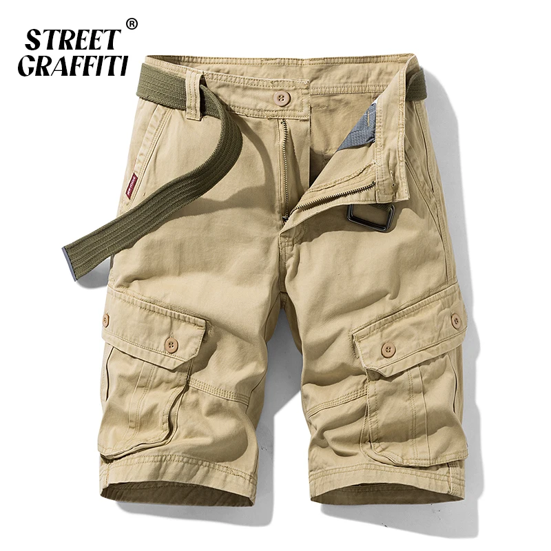 

GRAFFITI Summer Men Cargo Shorts Cotton Relaxed Fit Solid Men's Short 2023 New Spring Casual Pants Clothing Social Cargo Short