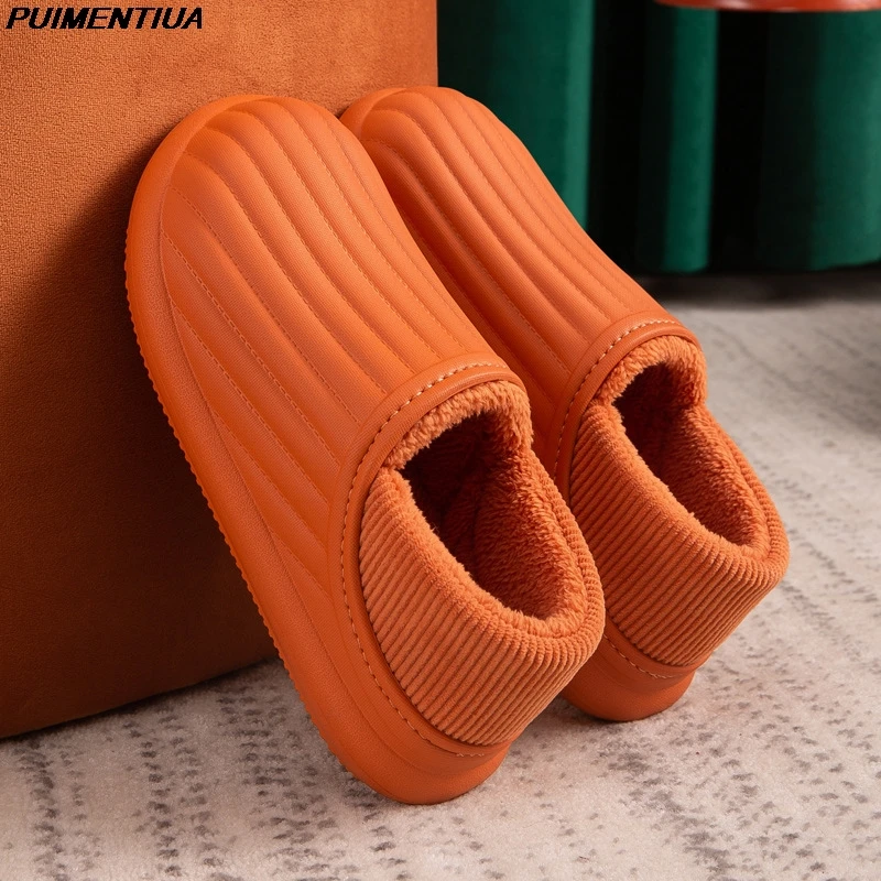 Zapatillas de casa antideslizantes impermeables para mujer, calzado cálido de algodón para interiores, zapatillas suaves de espuma viscoelástica para parejas