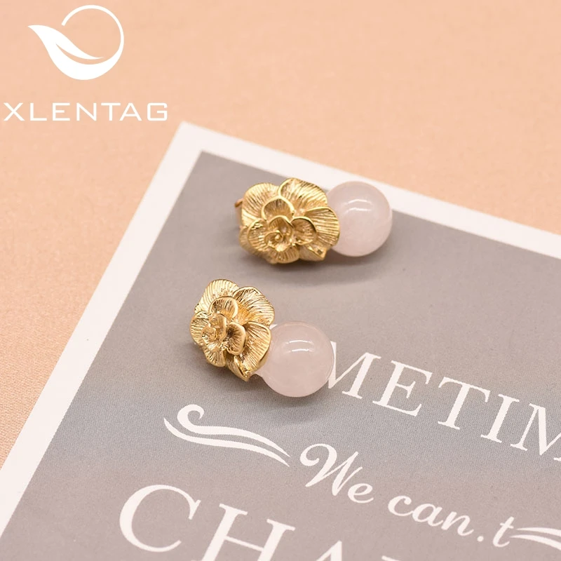 XlentAg 925 пробы серебряные серьги-гвоздики натуральный розовый круглый Кристалл Висячие серьги для женщин растительный цветок серьги для помолвки GE0336