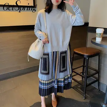 

Getspring Women Dress Patchwork Color Matching Sweatshirt Dresses Plus Size Fake Two Long Autum Dresses Women 2020 New Fashion