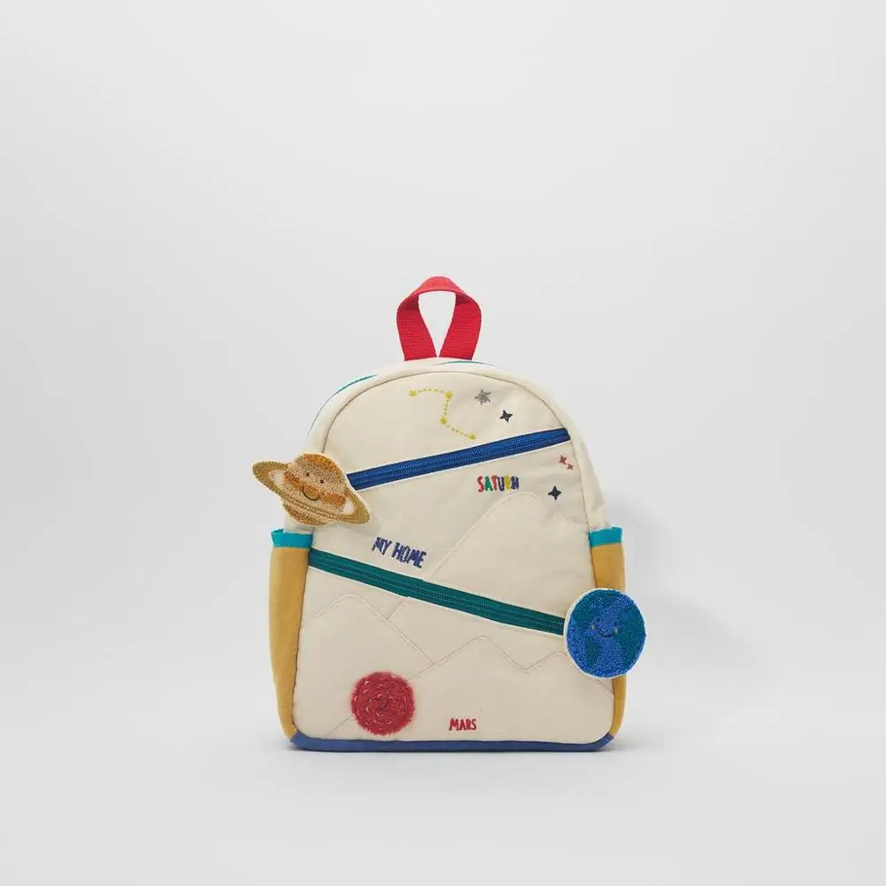

Disney Children's Stitching Cotton Canvas Earth Star Ball Embroidery Plush Backpack Girl Color Matching Casual Small School Bag