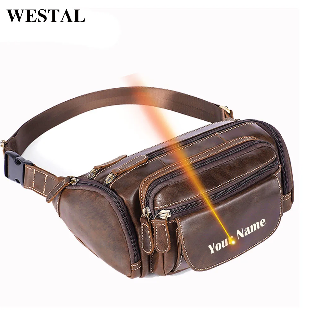 

WESTAL Laser Engrave Men's Waist Bag Belt Men Leather Waist Packs Male Fanny Pack Money Belt Bags Travel Bum Hip Bag Genuine 835