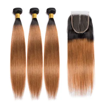 

ALIBELE 1B 30 Dark Blonde Bundles with Closure Remy Human Hair Brazilian Straight Hair Weave 3 Bundle Ombre Bundles with Closure